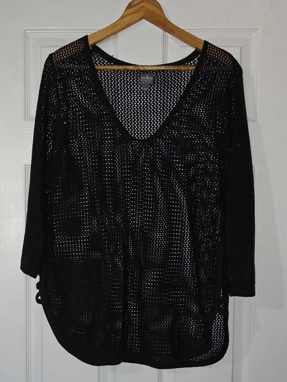 Soho Black Open-Weave V-Neck Sweater Top
